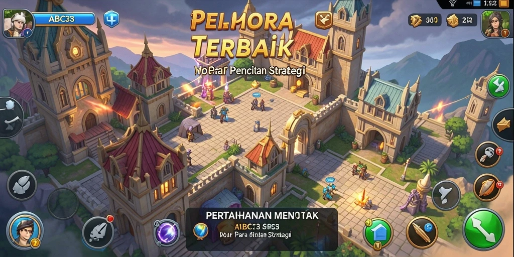 Screenshot gameplay ABC33 menampilkan menara yang sedang bertempur melawan gelombang musuh.