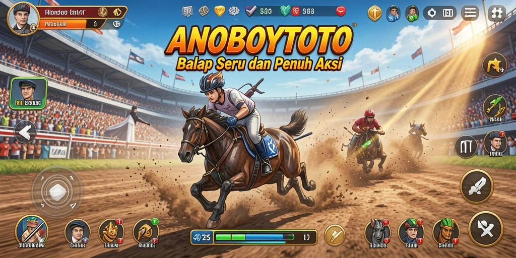 Screenshot gameplay ANOBOYTOTO menunjukkan aksi balap yang mendebarkan.