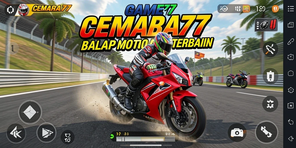 Tampilan gameplay CEMARA77 yang mengesankan dengan balapan motor cepat.